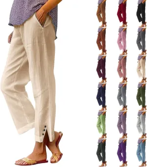 Cotton Linen Pants for Women Elastic High Waist Straight Leg Lounge Pants Summer Casual Slacks Trousers with Pockets