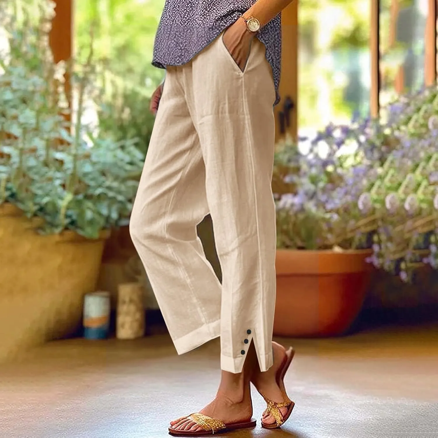 Cotton Linen Pants for Women Elastic High Waist Straight Leg Lounge Pants Summer Casual Slacks Trousers with Pockets
