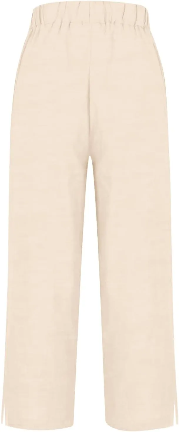 Cotton Linen Pants for Women Elastic High Waist Straight Leg Lounge Pants Summer Casual Slacks Trousers with Pockets