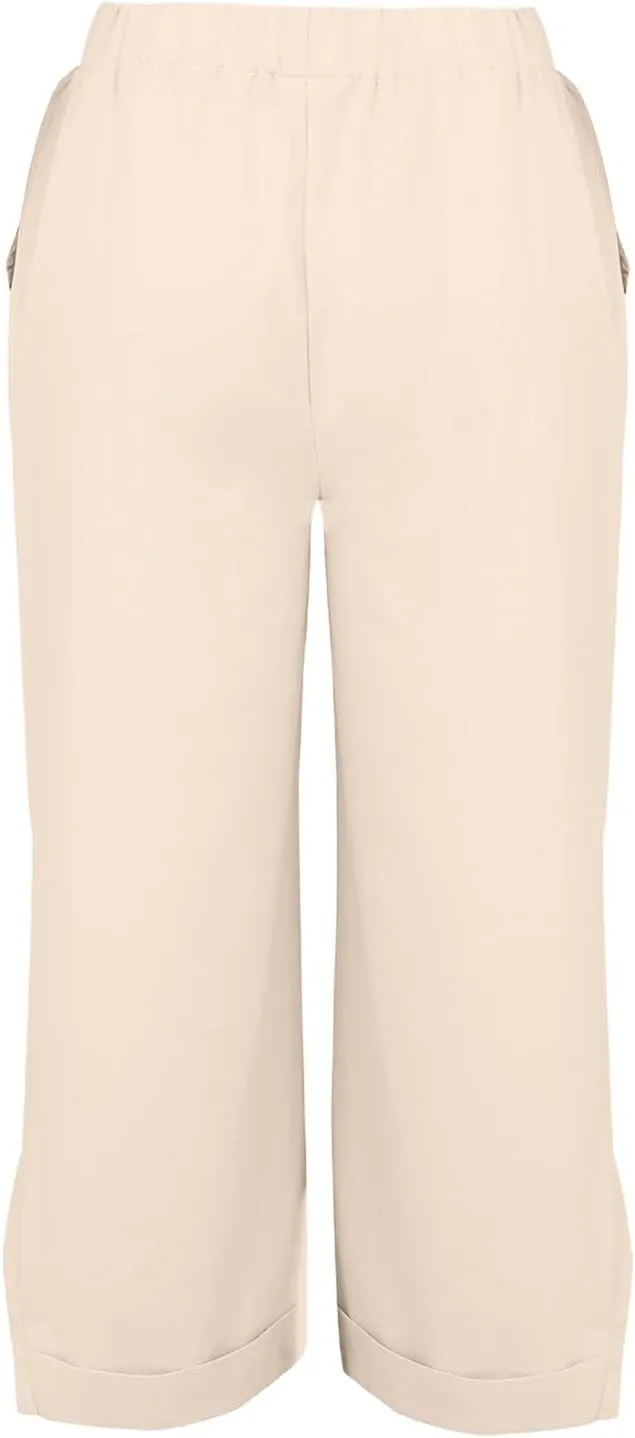Cotton Linen Pants for Women Elastic High Waist Straight Leg Lounge Pants Summer Casual Slacks Trousers with Pockets