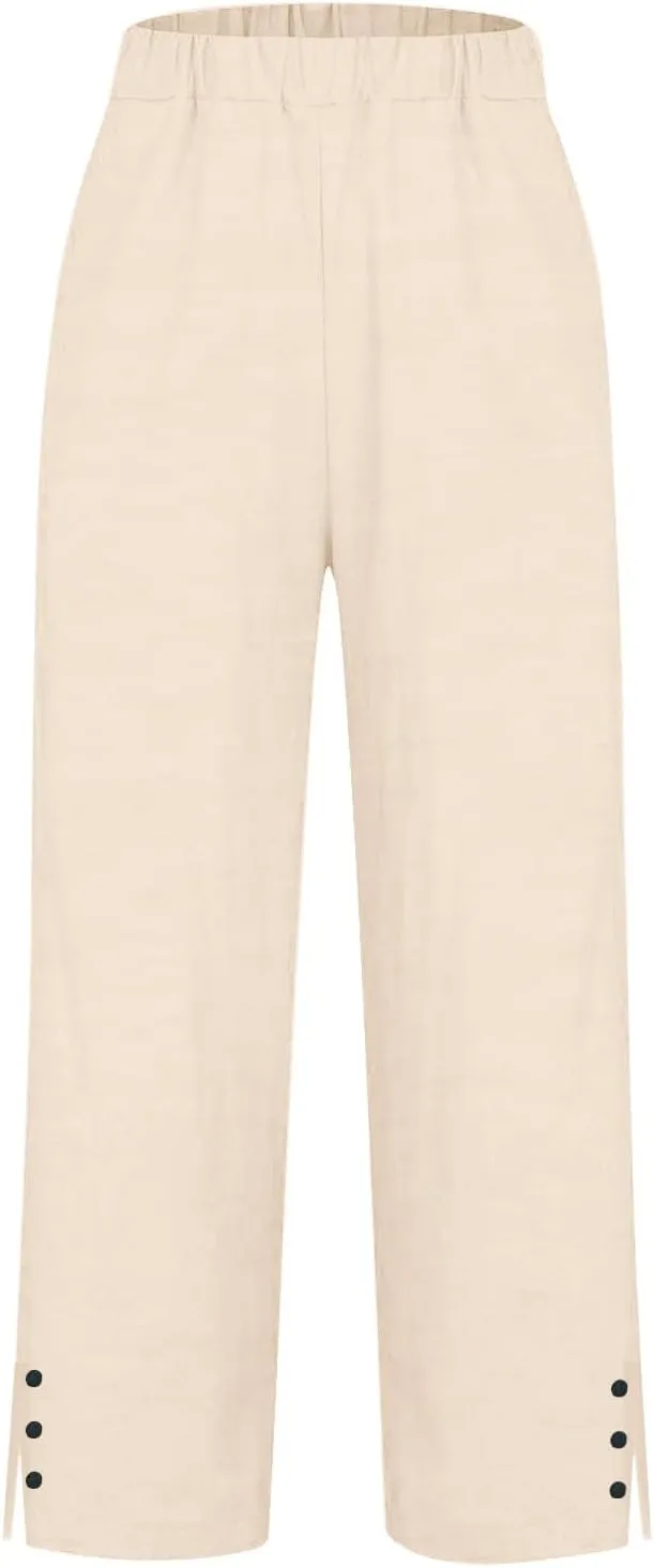 Cotton Linen Pants for Women Elastic High Waist Straight Leg Lounge Pants Summer Casual Slacks Trousers with Pockets
