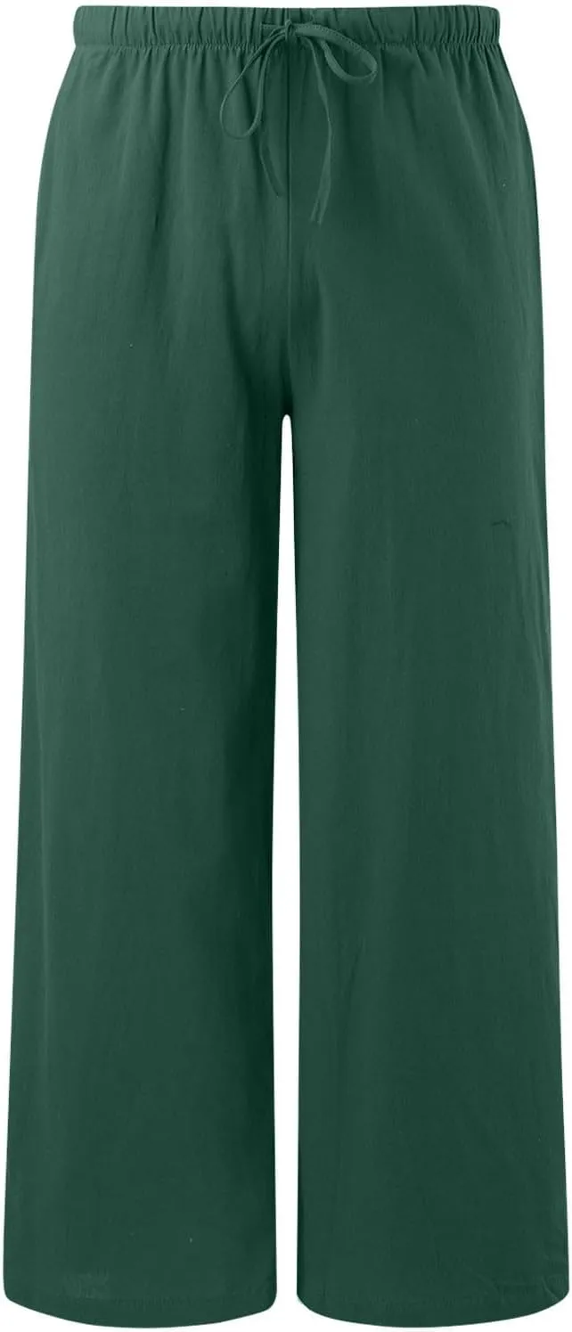 Cotton Linen Pants for Women Flowy Summer Pants Wide Leg Beach Trousers with Pockets