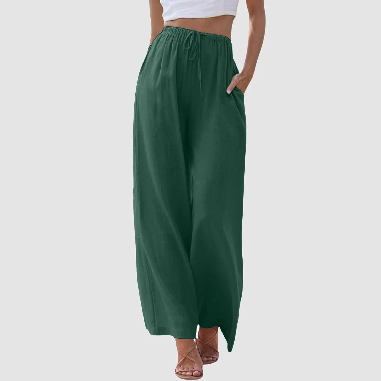 Cotton Linen Pants for Women Flowy Summer Pants Wide Leg Beach Trousers with Pockets