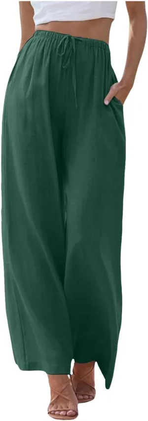 Cotton Linen Pants for Women Flowy Summer Pants Wide Leg Beach Trousers with Pockets