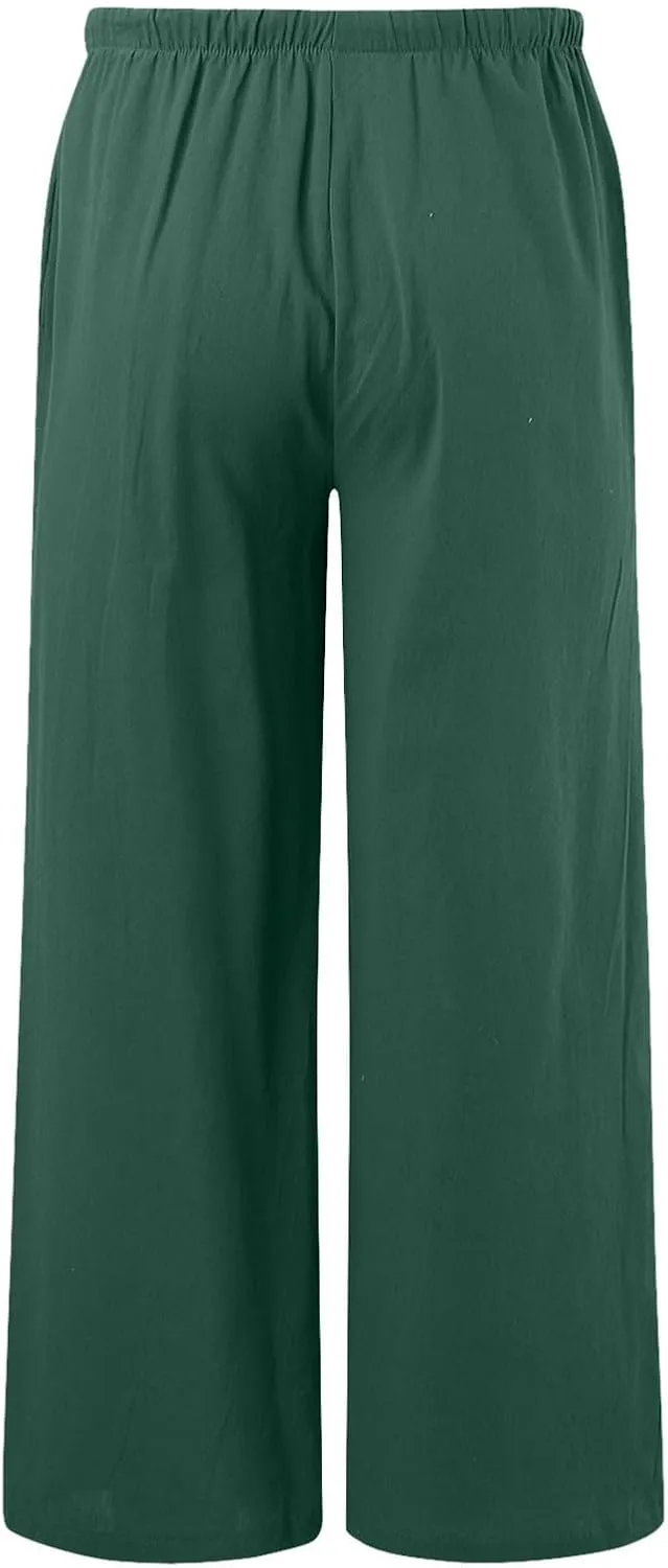 Cotton Linen Pants for Women Flowy Summer Pants Wide Leg Beach Trousers with Pockets