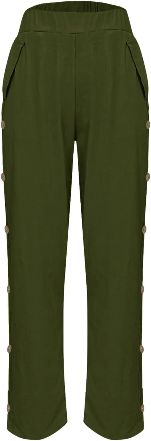 Cotton Linen Pants for Women Loose Fit Buttons Wide Leg Pants Drawstring Elastic Trousers Straight Leg Pants with Pockets