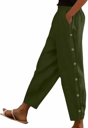 Cotton Linen Pants for Women Loose Fit Buttons Wide Leg Pants Drawstring Elastic Trousers Straight Leg Pants with Pockets