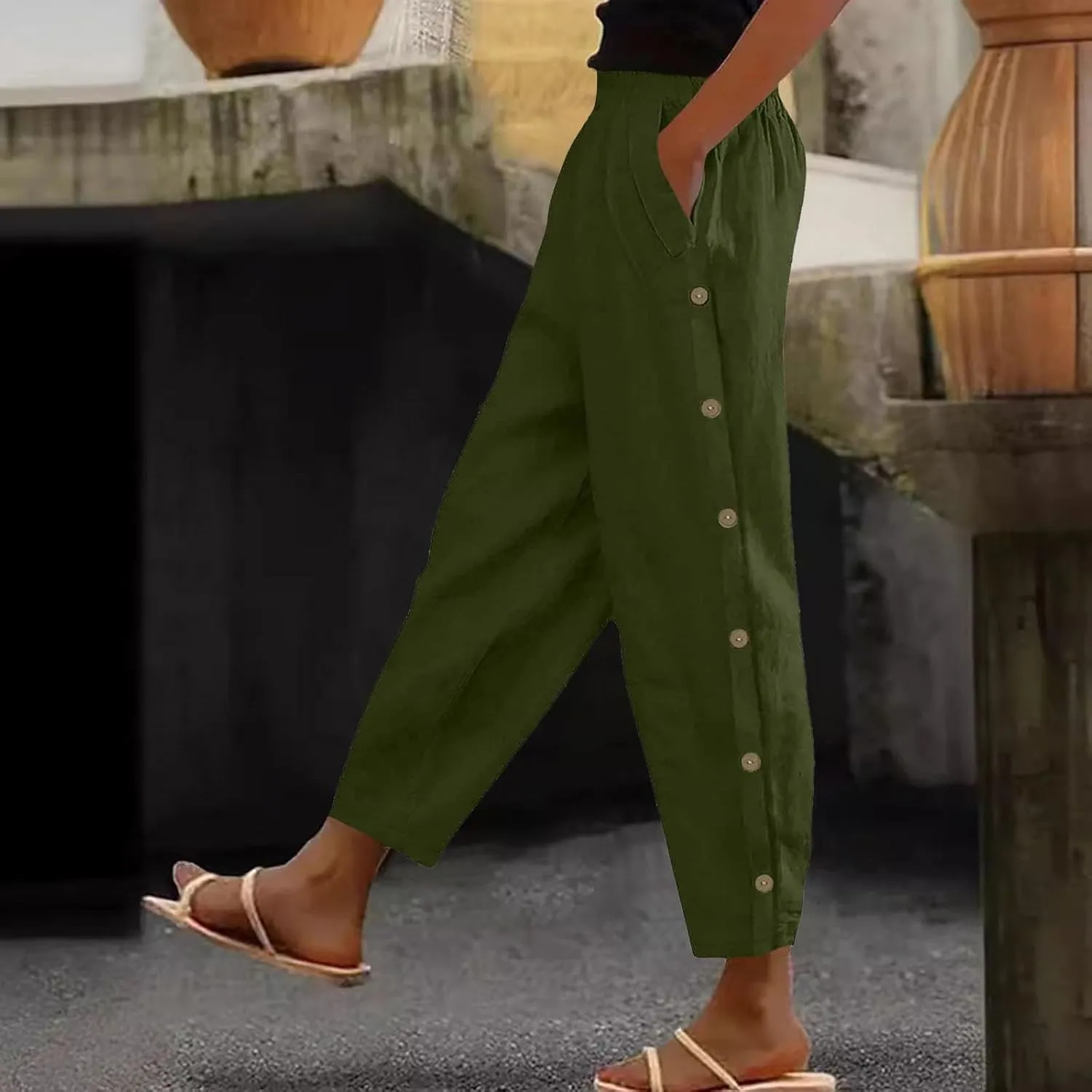 Cotton Linen Pants for Women Loose Fit Buttons Wide Leg Pants Drawstring Elastic Trousers Straight Leg Pants with Pockets