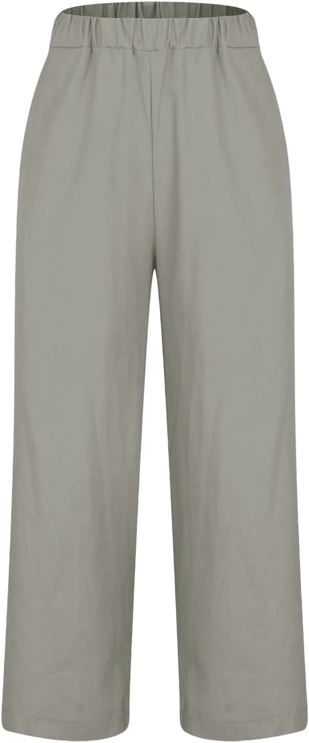 Cotton Linen Pants Women Plus Size High Waisted Cropped Lounge Trousers Casual Summer Wide Leg Beach Pant