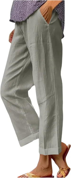 Cotton Linen Pants Women Plus Size High Waisted Cropped Lounge Trousers Casual Summer Wide Leg Beach Pant