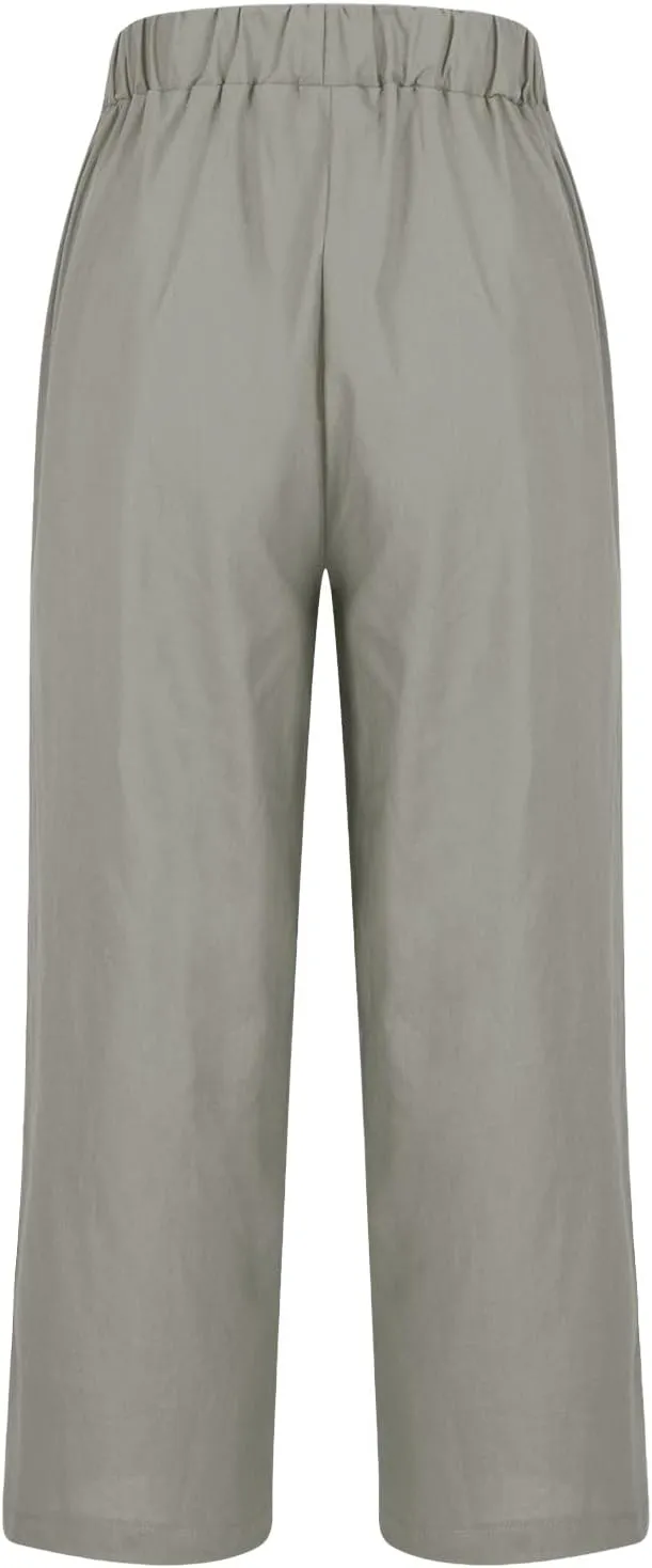 Cotton Linen Pants Women Plus Size High Waisted Cropped Lounge Trousers Casual Summer Wide Leg Beach Pant