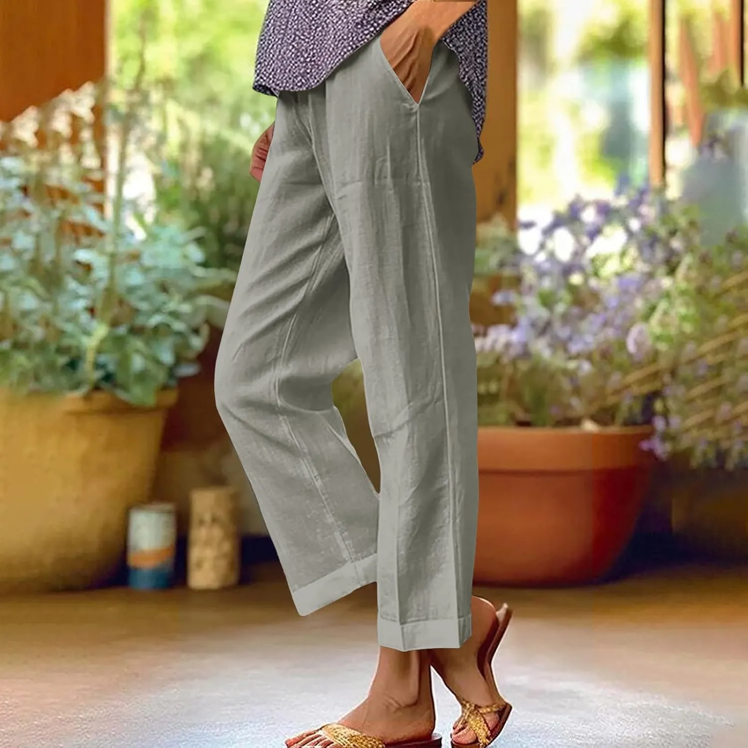 Cotton Linen Pants Women Plus Size High Waisted Cropped Lounge Trousers Casual Summer Wide Leg Beach Pant