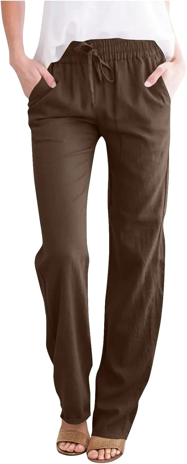 Cotton Linen Pants Women Staight Leg Dressy Casual Summer Pants Elastic High Waisted Trousers with Pockets