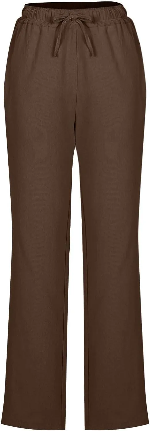 Cotton Linen Pants Women Staight Leg Dressy Casual Summer Pants Elastic High Waisted Trousers with Pockets