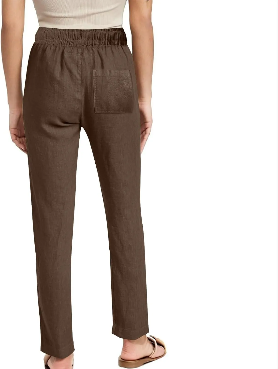 Cotton Linen Pants Women Staight Leg Dressy Casual Summer Pants Elastic High Waisted Trousers with Pockets
