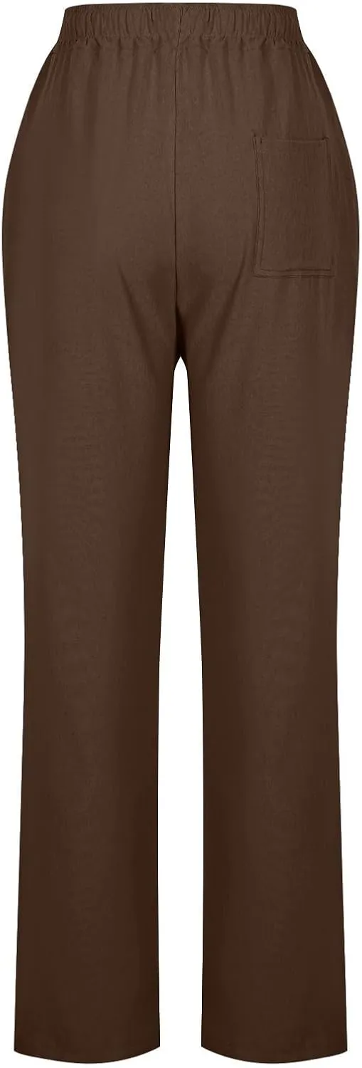 Cotton Linen Pants Women Staight Leg Dressy Casual Summer Pants Elastic High Waisted Trousers with Pockets