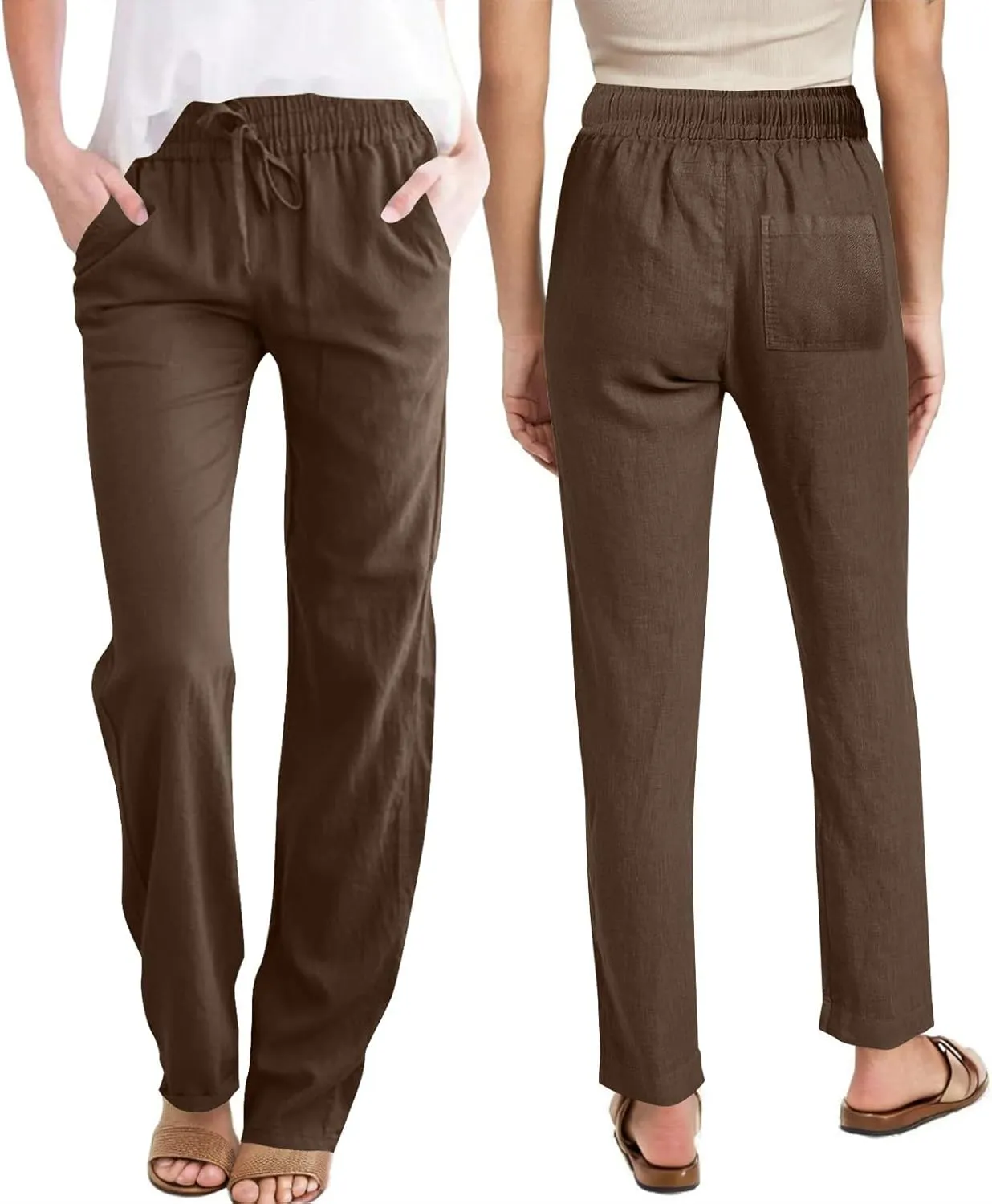 Cotton Linen Pants Women Staight Leg Dressy Casual Summer Pants Elastic High Waisted Trousers with Pockets