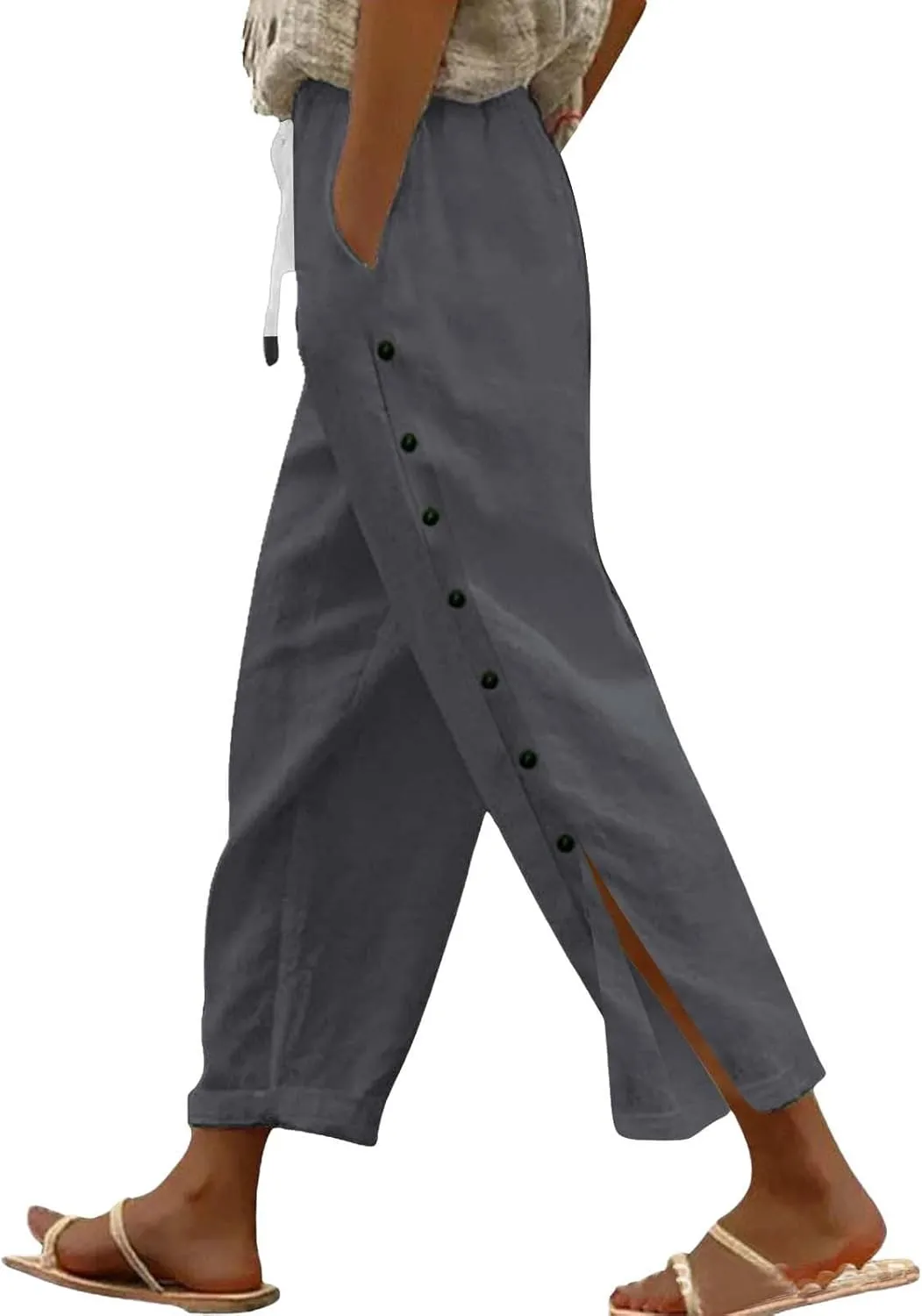 Cotton Linen Pants Women Straight Leg Pant Elastic Drawstring Casual Lounge Trousers with Pockets Summer Beach Capris