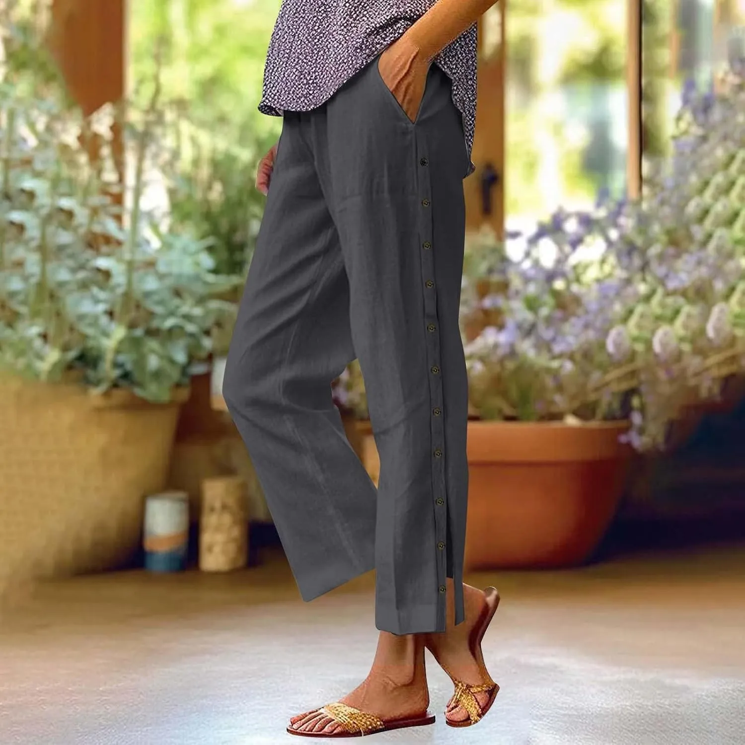 Cotton Linen Pants Women Straight Leg Pant Elastic Drawstring Casual Lounge Trousers with Pockets Summer Beach Capris