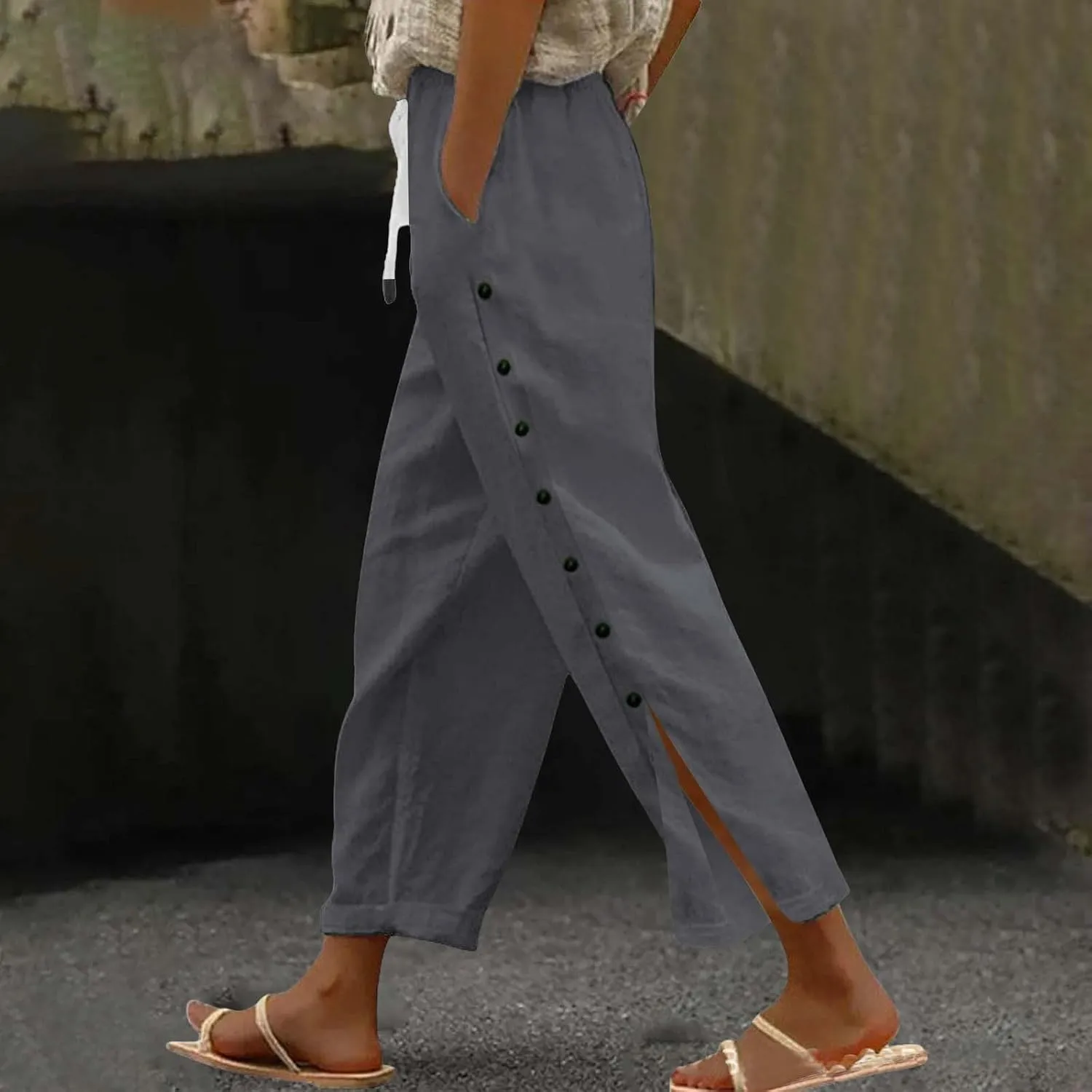 Cotton Linen Pants Women Straight Leg Pant Elastic Drawstring Casual Lounge Trousers with Pockets Summer Beach Capris