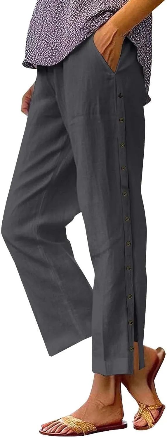 Cotton Linen Pants Women Straight Leg Pant Elastic Drawstring Casual Lounge Trousers with Pockets Summer Beach Capris
