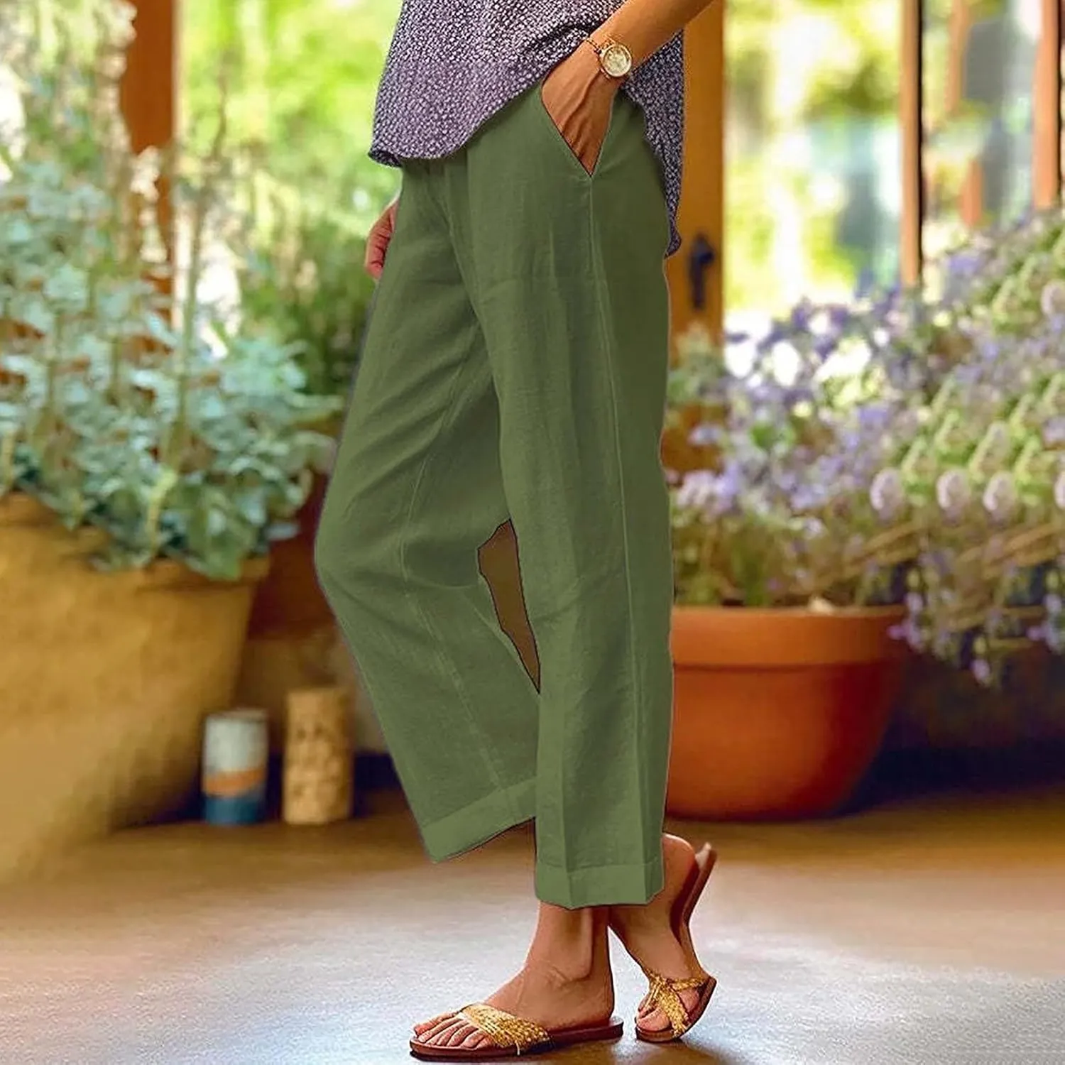 Cotton Linen Pants Women Summer Elastic Waist Palazzo Pants Plus Size Straight Leg Slack Casual Trouser with Pockets
