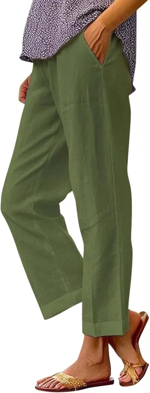 Cotton Linen Pants Women Summer Elastic Waist Palazzo Pants Plus Size Straight Leg Slack Casual Trouser with Pockets