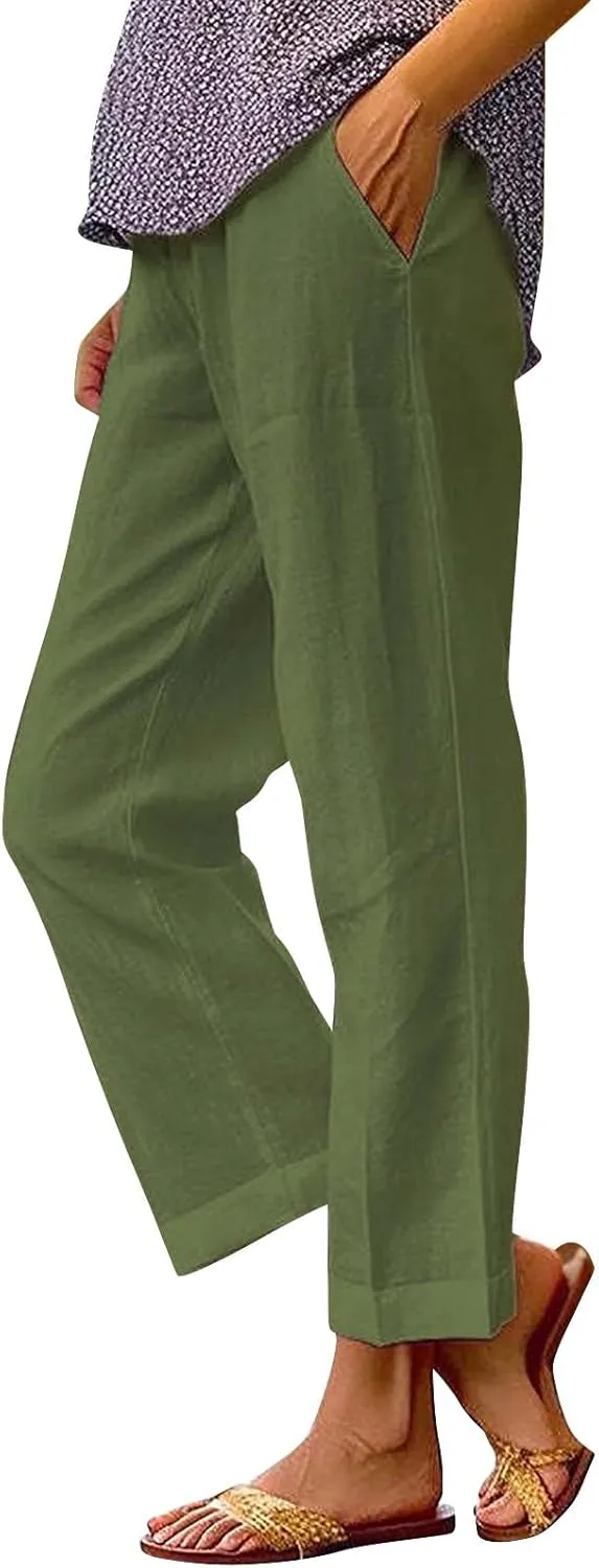 Cotton Linen Pants Women Summer Elastic Waist Palazzo Pants Plus Size Straight Leg Slack Casual Trouser with Pockets