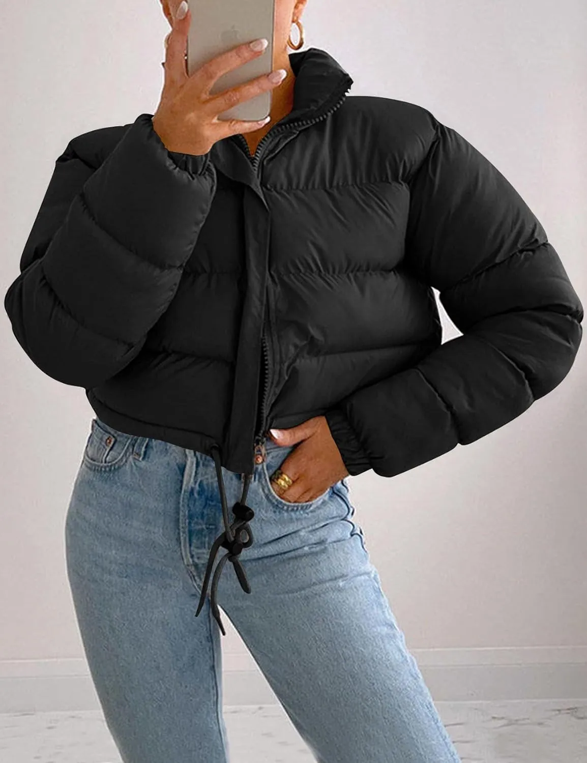 COZYPOIN Women Quilted Down Jacket Stand Collar Long Sleeve Zipper Cropped Puffer Jacket Coat