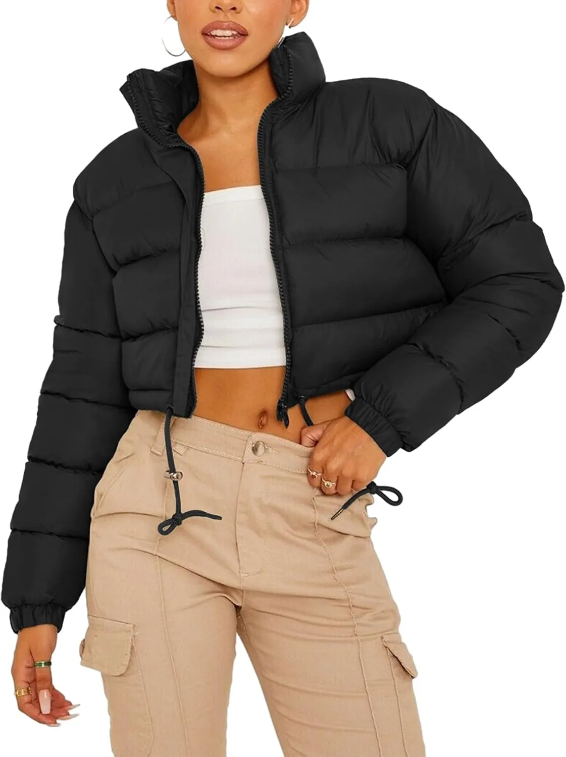 COZYPOIN Women Quilted Down Jacket Stand Collar Long Sleeve Zipper Cropped Puffer Jacket Coat