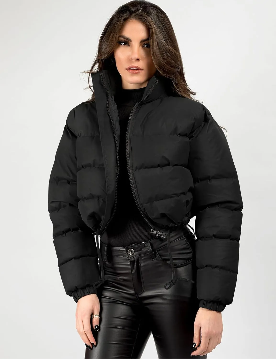 COZYPOIN Women Quilted Down Jacket Stand Collar Long Sleeve Zipper Cropped Puffer Jacket Coat
