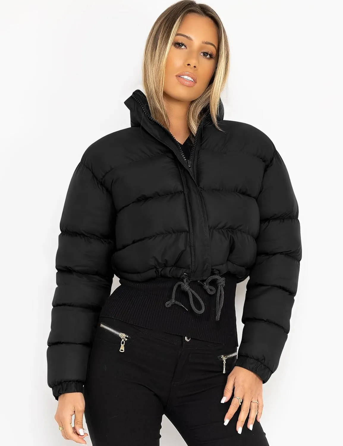 COZYPOIN Women Quilted Down Jacket Stand Collar Long Sleeve Zipper Cropped Puffer Jacket Coat