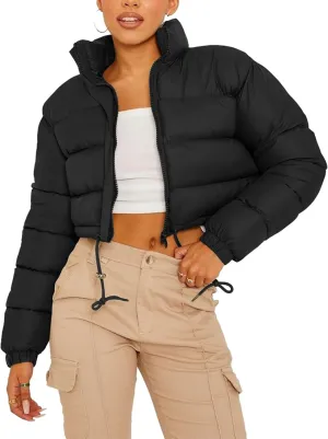 COZYPOIN Women Quilted Down Jacket Stand Collar Long Sleeve Zipper Cropped Puffer Jacket Coat
