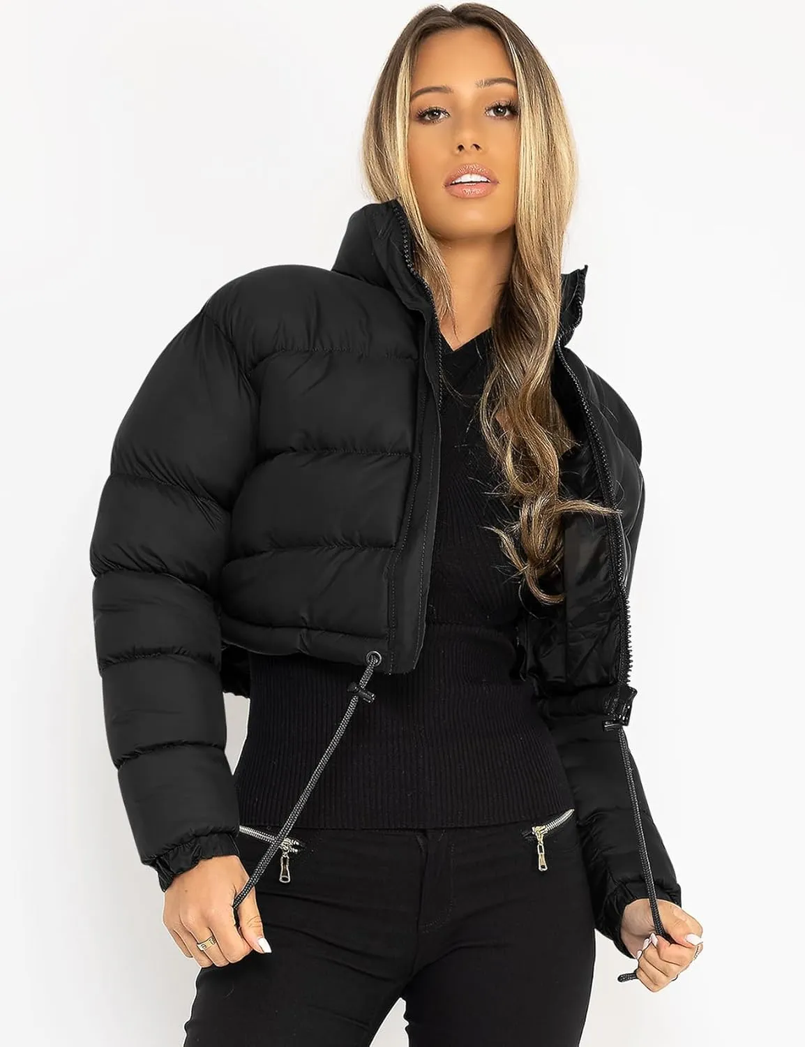 COZYPOIN Women Quilted Down Jacket Stand Collar Long Sleeve Zipper Cropped Puffer Jacket Coat
