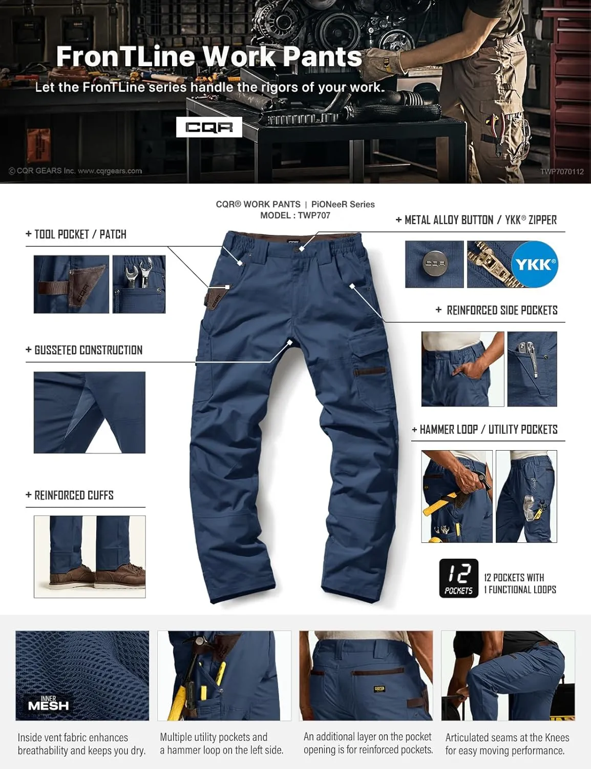 CQR Men's Flex Ripstop Work Pants, Water Resistant Tactical Pants, Outdoor Utility Operator EDC Cargo Pants