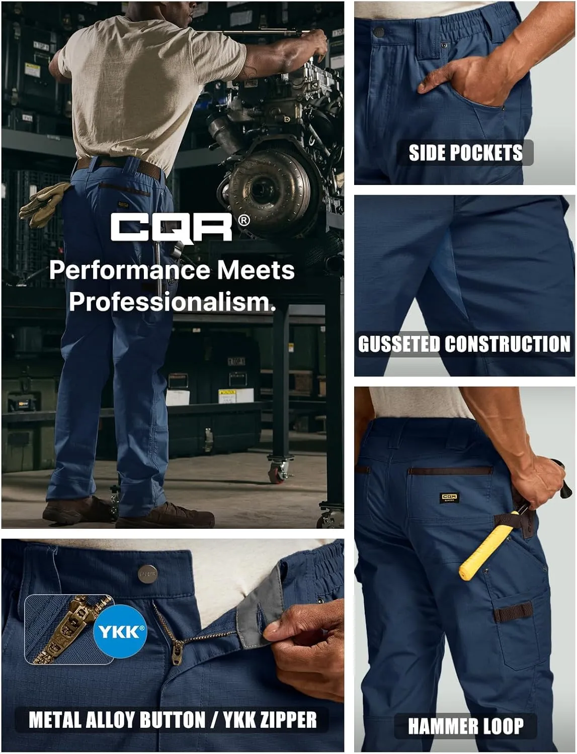 CQR Men's Flex Ripstop Work Pants, Water Resistant Tactical Pants, Outdoor Utility Operator EDC Cargo Pants