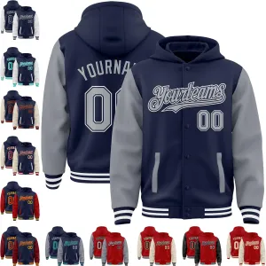 Custom Varsity Jacket with Hood Personalized Teens Letterman Hooded Jacket Full-Snap Baseball Bomber Jacket