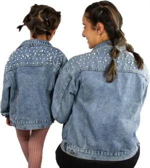 Customized Denim Jacket for Women and Kids Jean Jacket with Pearls, Matching Outfits for Toddler, Baby, Mom