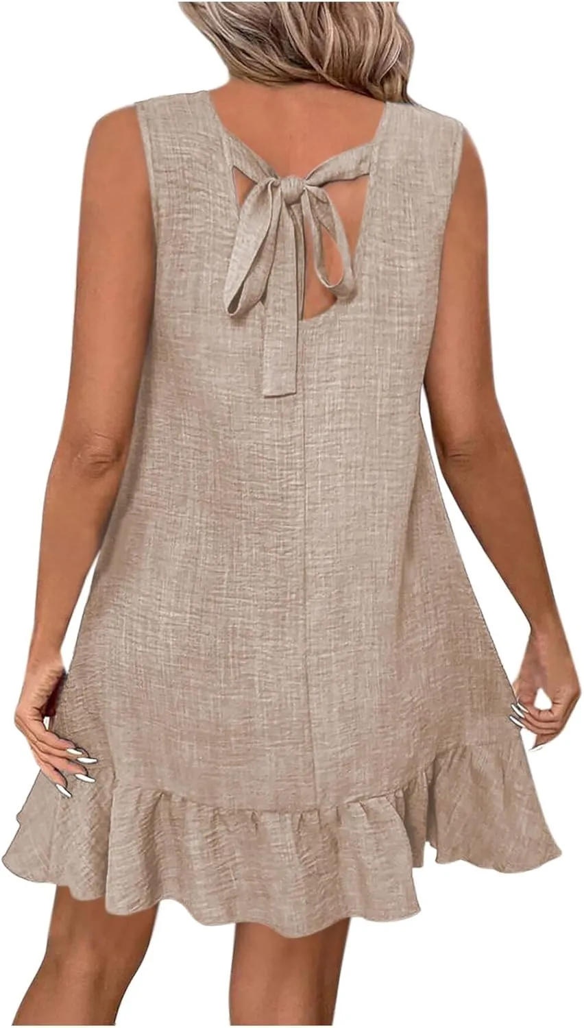Cute Ruffle Hem Sundress for Women Summer Bowtie Backless Sleeveless Crewneck Mini Dresses Casual Beach A-Line Dress