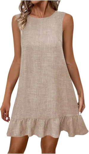 Cute Ruffle Hem Sundress for Women Summer Bowtie Backless Sleeveless Crewneck Mini Dresses Casual Beach A-Line Dress