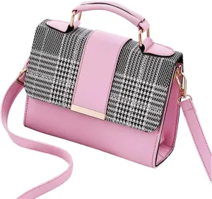 Designer Handbag with Houndstooth Pattern, Faux Leather Trim, Top Handle, Crossbody Strap