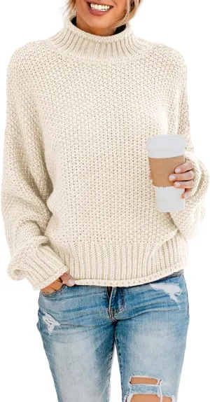 Dokotoo Womens 2024 Winter Fall Solid Turtleneck High Neck Balloon Long Sleeve Sweaters Pullover Outerwear