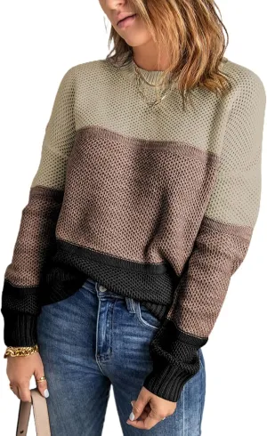 Dokotoo Womens Color Block Sweaters Long Sleeve Crewneck Pullover Knit Jumper Tops