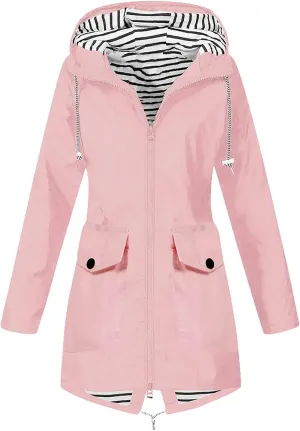 DOLKFU Women Zip Up Raincoats Windbreaker Outwear Long Sleeve Warm Winter Trench Rain Jacket Hooded Outdoor Coat With Pocket