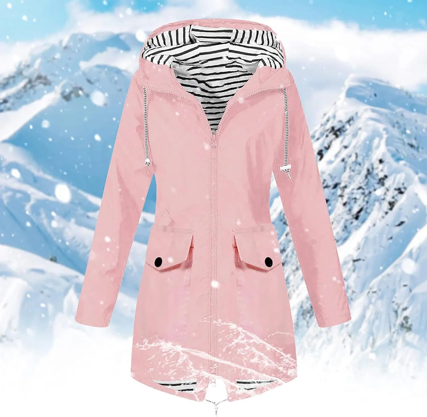 DOLKFU Women Zip Up Raincoats Windbreaker Outwear Long Sleeve Warm Winter Trench Rain Jacket Hooded Outdoor Coat With Pocket