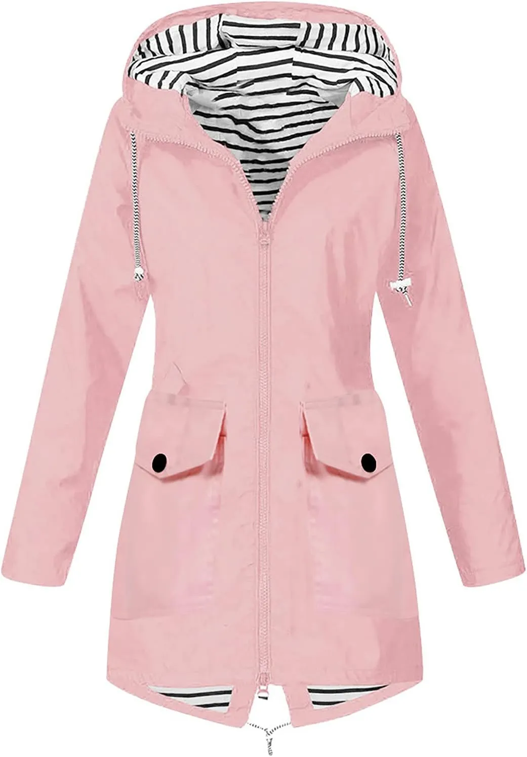 DOLKFU Women Zip Up Raincoats Windbreaker Outwear Long Sleeve Warm Winter Trench Rain Jacket Hooded Outdoor Coat With Pocket