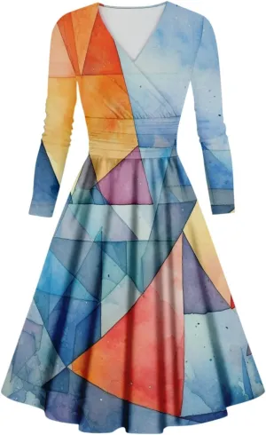 Dress for Women Casual Fashion Gradient Color Printed Oversized Long Sleeve V-Neck Sexy Slim Fall Dresses for Women