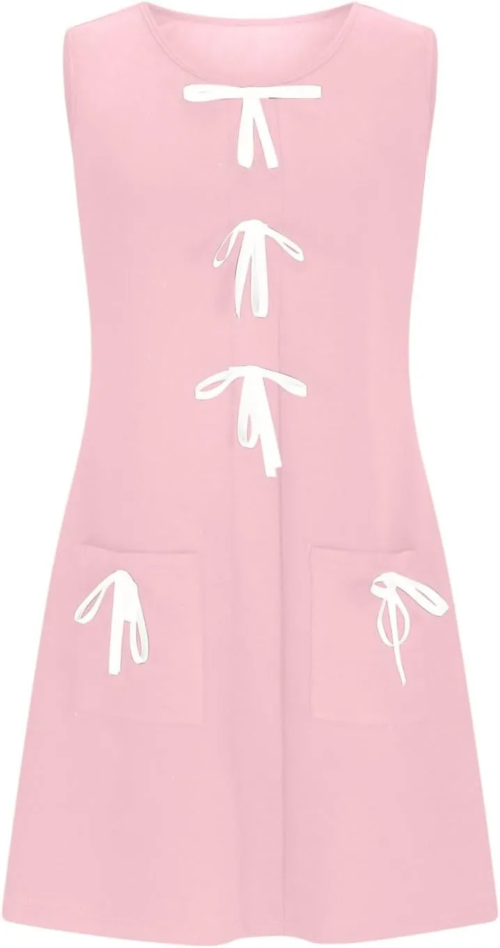 Dress with Bow Cute Sleeveless Mini Dresses Casual Crewneck Loose Fit Tank Sundress Summer Beach Outfits