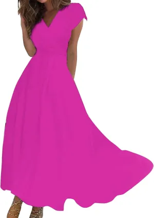 Dresses for Women 2024 Cap Sleeve Flowy Sundresses Elegant Wrap V Neck Long Dresses Floral Print Loose Maxi Dress
