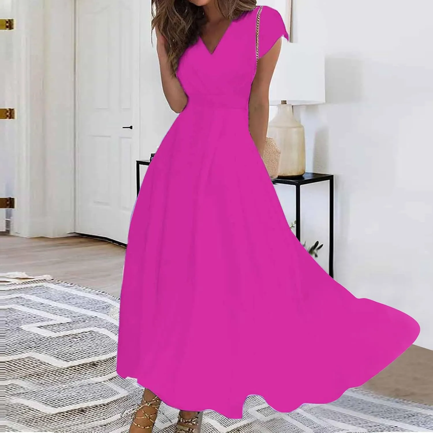 Dresses for Women 2024 Cap Sleeve Flowy Sundresses Elegant Wrap V Neck Long Dresses Floral Print Loose Maxi Dress